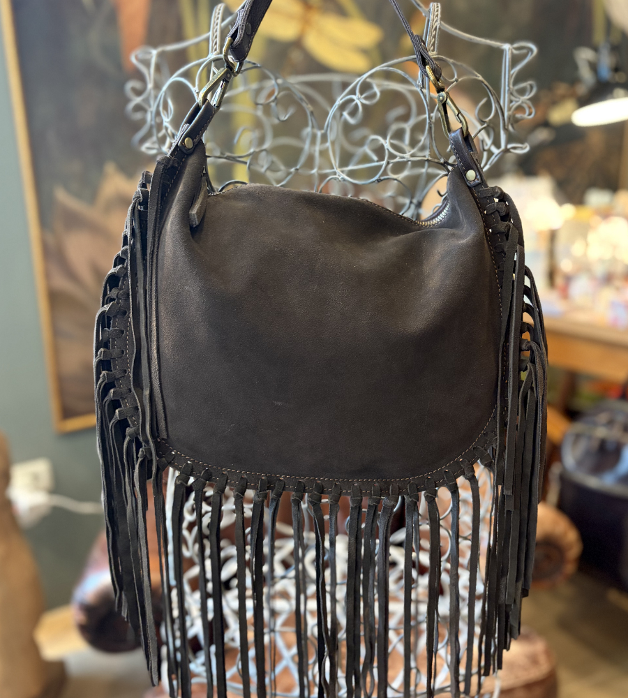 Borsa mezzaluna in pelle scamosciata con frange Bayside BS843